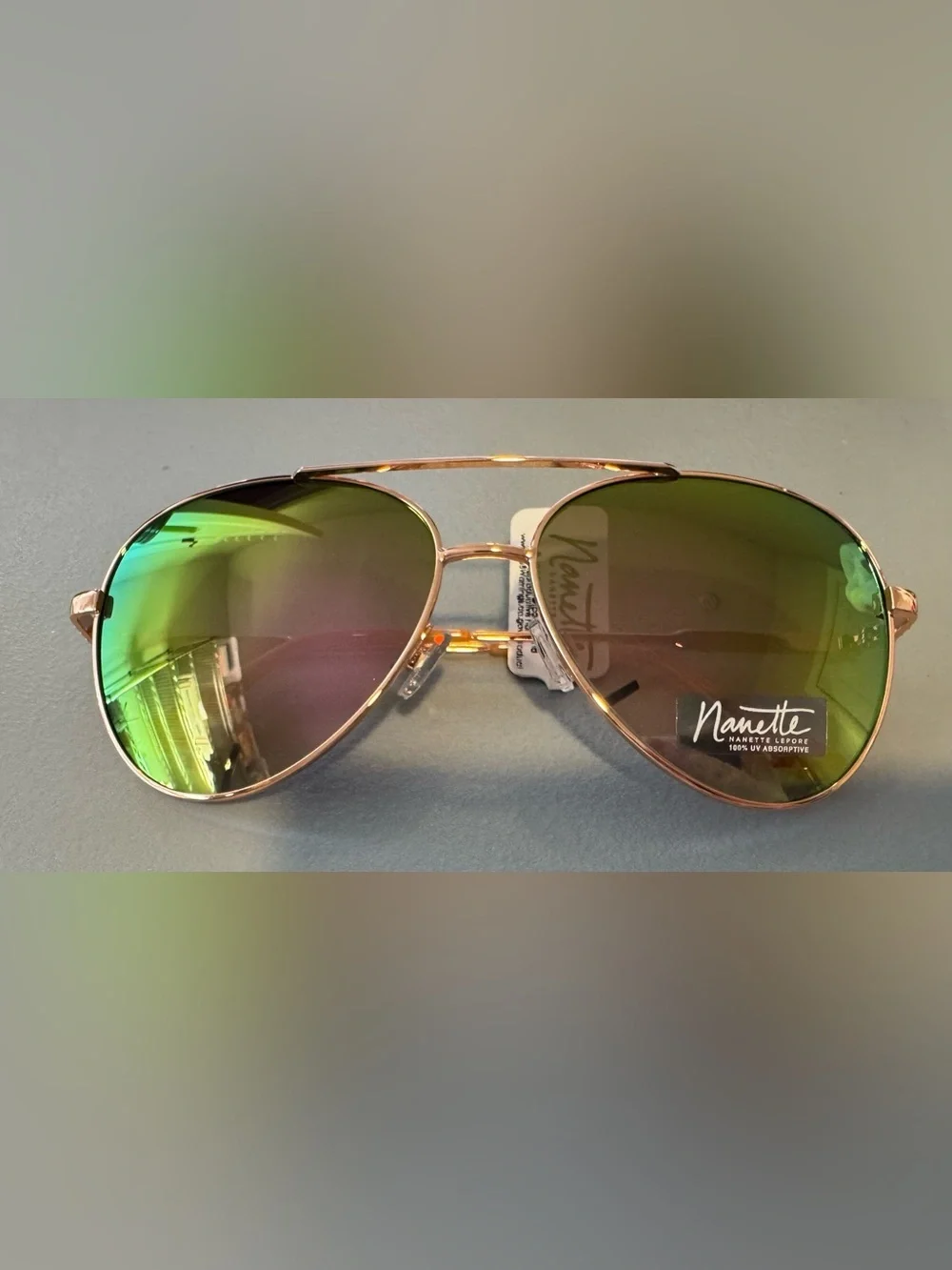 Nanette Lepore peach Rose Gold metal Frame Sunglasses Green Mirrored Lenses